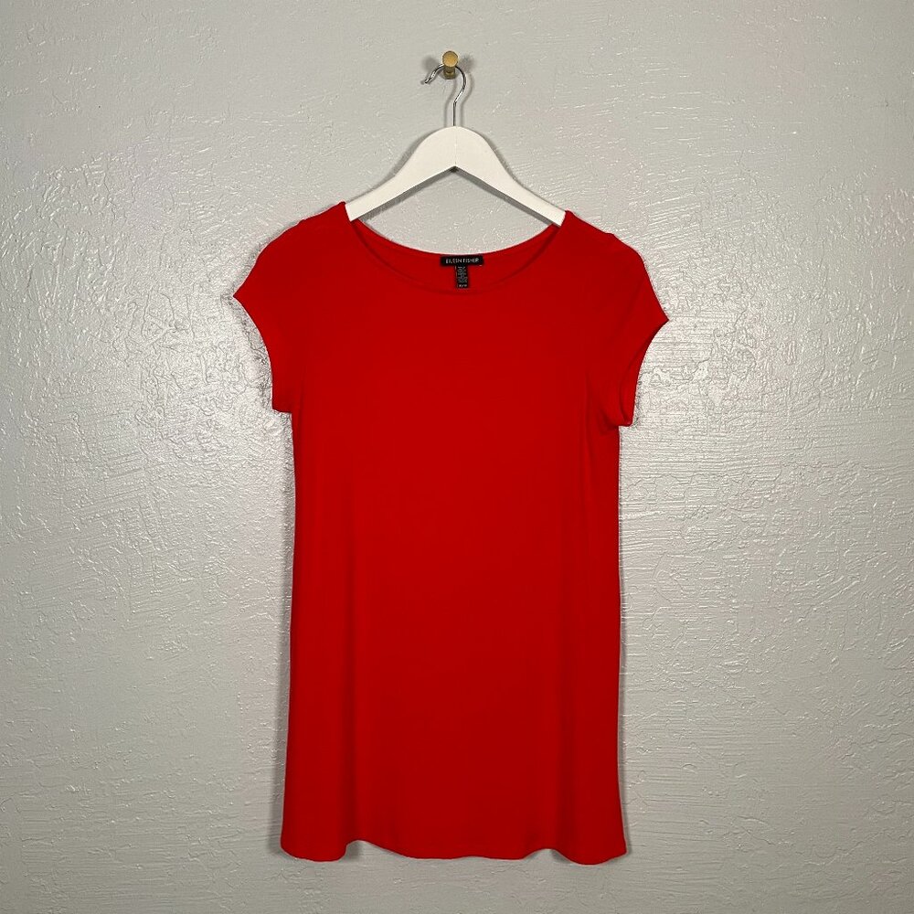 Eileen Fisher Women XS Red Tunic Blouse Cap Sleeve Split Hem Casual Stretch